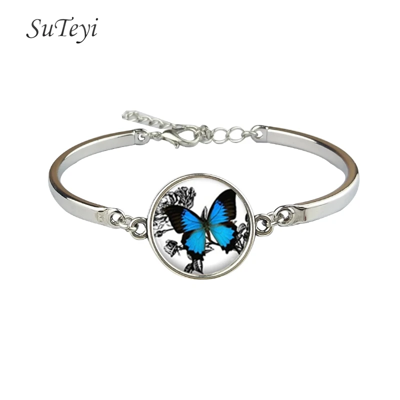 SUTEYI Boho голубая бабочка в искусстве стеклянный купольный Кабошон ожерелье серьги