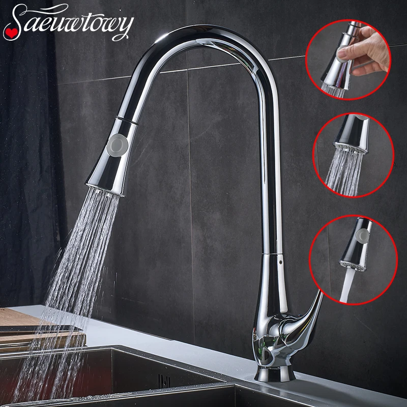 

Pull Out Chrome Swivel Kitchhen Faucet Single Handle Faucets Hot and Cold Water Mixer Faucet
