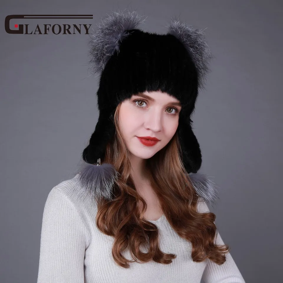 Женские вязаные шапки Glaforny меховые с защитой для ушей из меха норки в русском