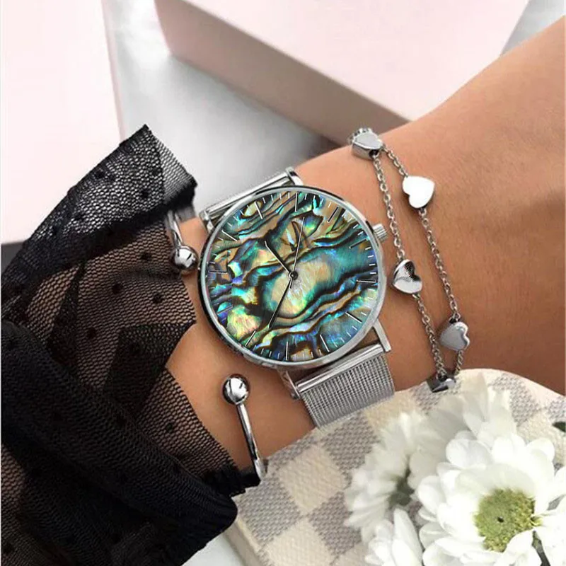 Mavis Hare, серия "Океан", настоящий Абалон, серебряные сетчатые часы, женские наручные часы с кристаллами, манжета, браслет в виде сердца, браслет в подарок - Цвет: watches set 3