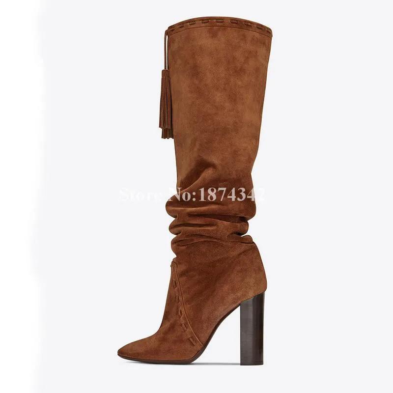 Invierno Botas Picture Mujeres Manera Y Alto Señaló Hasta Pie Diseño Picture De Marrón Otoño as Negro Del Flock Tacón Colgante La Plisado Cuadrado Rodilla Dedo Franja As BCFdWqw