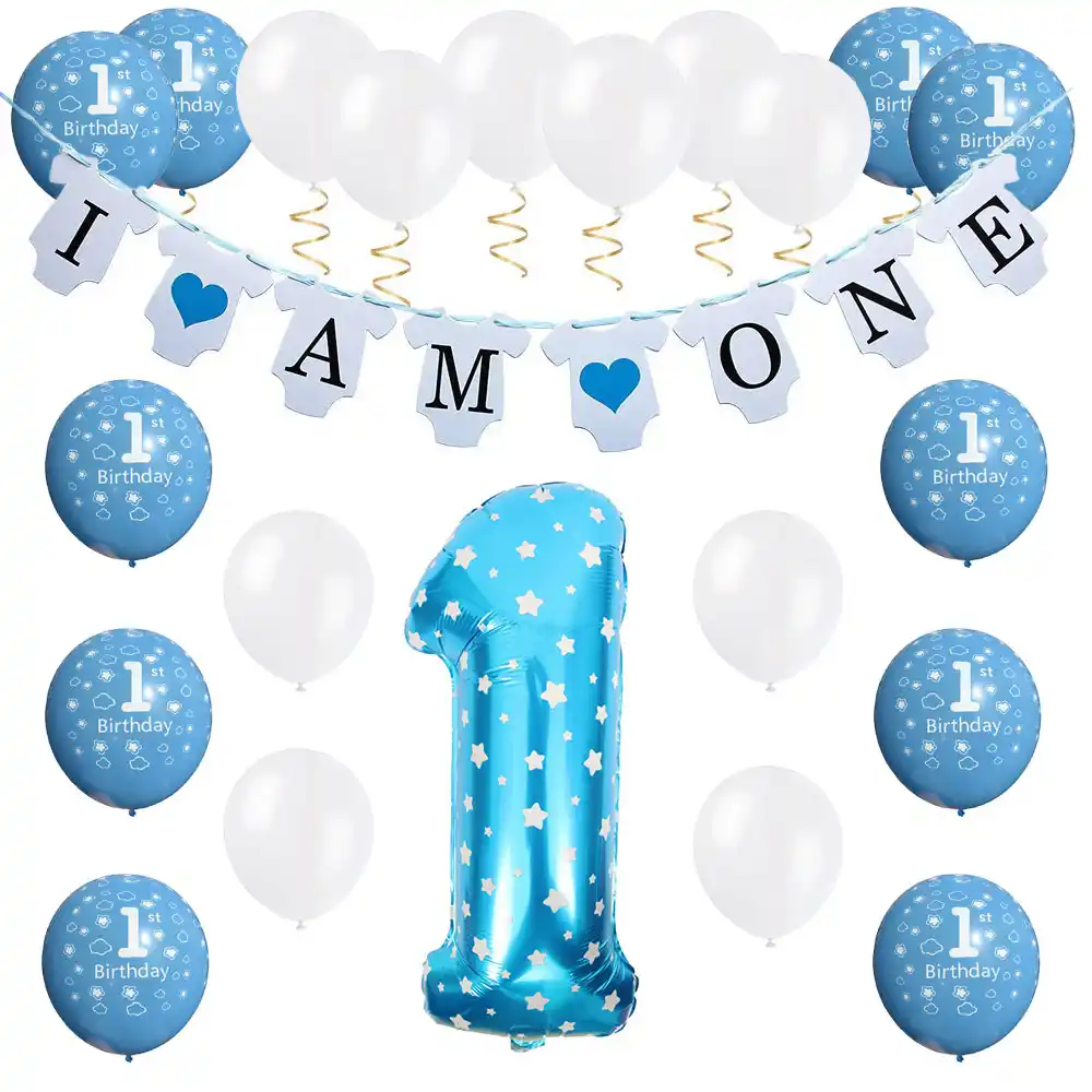1st Birthday Boy Decorations Kit I Am One Banner Latex Balloon