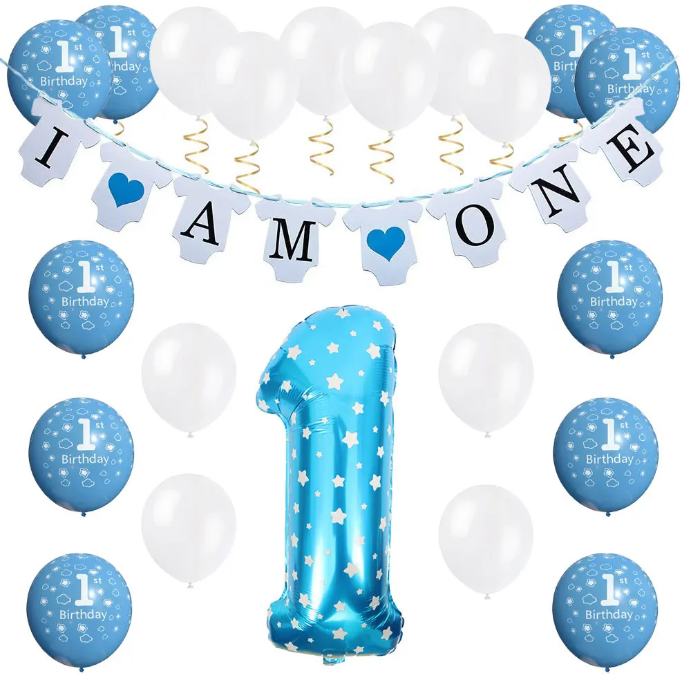 

1st Birthday Boy Decorations Kit "I Am One" Banner Latex Balloon Beautiful Pastel Colors for Baby's First Baby Shower Supplies