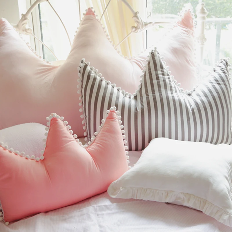 

55x40cm soft Crown shaped pompom cushion bed lumbar pillow backrest kids