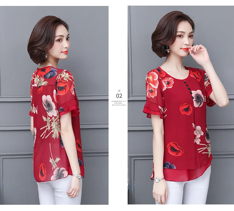 Женские топы, женские блузки, топы Харадзюку, шифоновая блузка с цветочным рисунком и круглым вырезом размера плюс, женская блузка с открытыми плечами, блузка, рубашка 3236 50