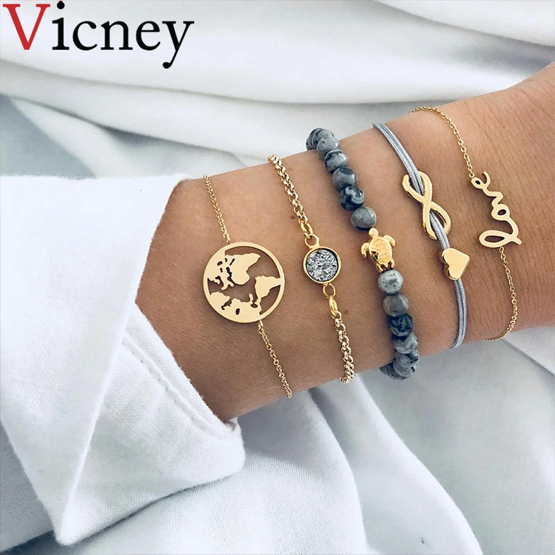 

Vicney 5 Pcs/ Set Fashion Creative Love Crystal Beads Chain Multilayer Pendant Gold Bracelet Set Charm Girl Jewelry bangles Gift