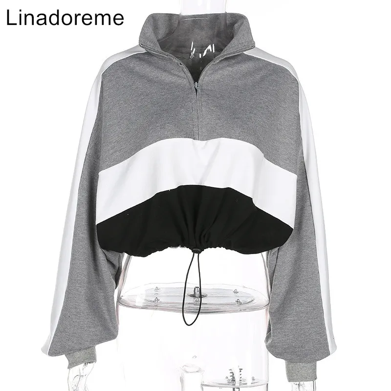 

2018 New Women Casual Fashion Cropped Turtleneck Patchwork Loose Hoodies Sweatshirt Long sleeve Pullovers Crop Top Feminino