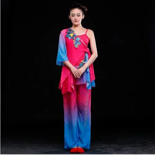 

(090) Chinese classical dance costumes yangko dance red blue costumes female drum fan national dance stage performance clothes