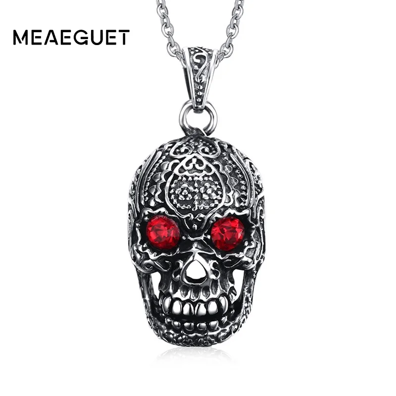 

Meaeguet Punk Stainless Steel Large Sugar Skull Pendant Necklace for Man with Red Cubic Zirconia with 50cm Chain