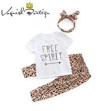 Детская одежда для девочек письмо pirnted Одежда для новорожденных с коротким рукавом Новорожденные Одежда для девочек Футболка с штаны с леопардовым принтом и повязка на голову