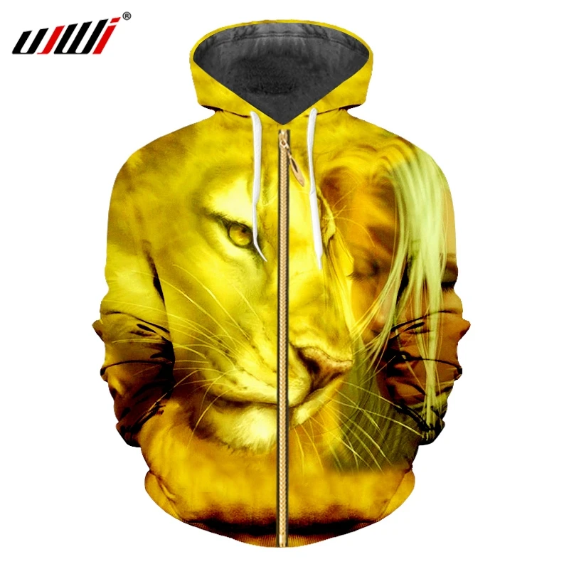 

UJWI Autumn Man New Zip Hoodies Hot Slim Hoody 3D Printing Lion And Silver Hair Beauty Plus Size 6XL Men's Tops Clothing