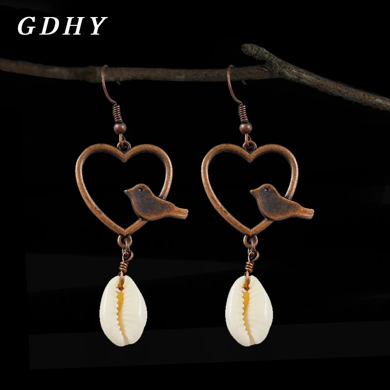 GDHY Retro Bronze Heart-shaped Bird Shell Pearl Earrings Drop earrings Ocean Wind for Women Beach Seaside Jewelry Aretes Brincos | Украшения