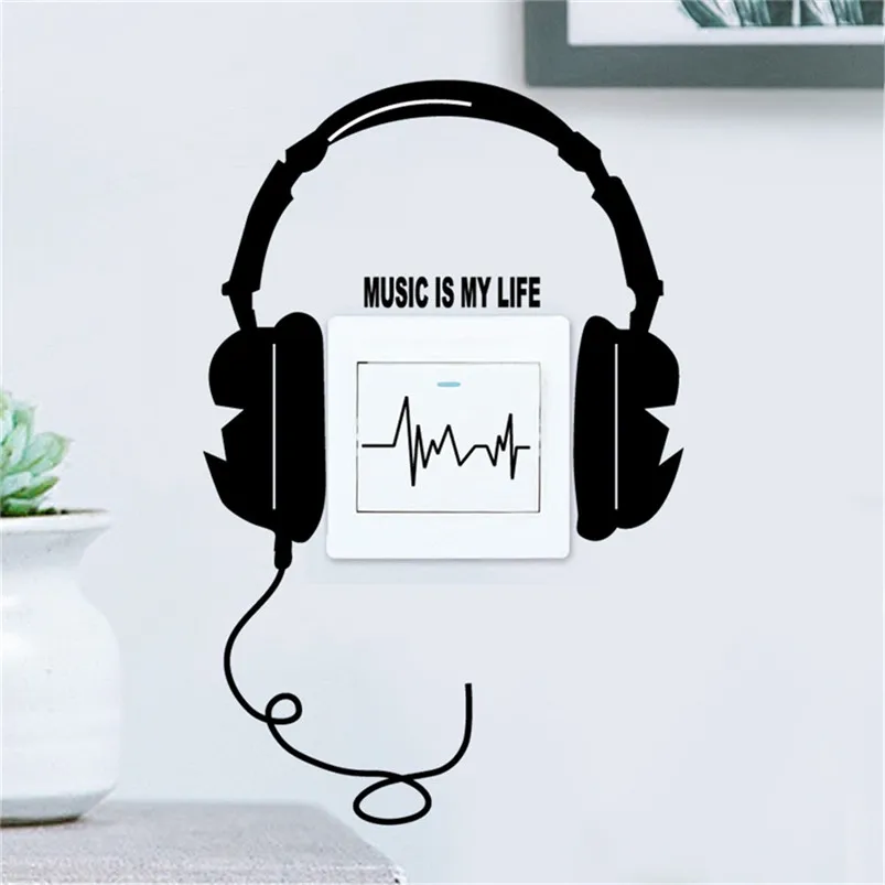 

MUSIC IS MY LIFE Headphones Wall/Switch Sticker vinyl living room for home decoration art decals Removable Switch Stickers R18