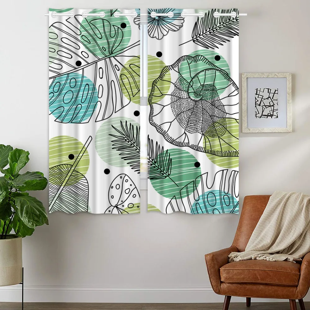 

HommomH Curtains (2 Panel) Grommet Top Darkening Blackout Room Deciduous Design Green Bubble Minimalist Style