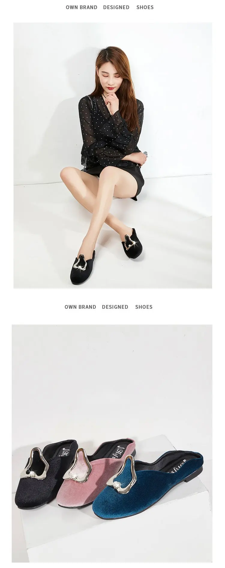 

New product net red with the paragraph half slippers irregular metal buckle square head Baotou slippers large size women's shoes