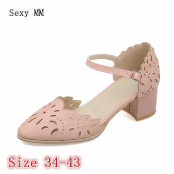 

High Quality Women Square Low High Heel Sandals Mary Janes Shoes Woman High Heels Sandals Pumps Plus Size 34-40.41.42.43.44