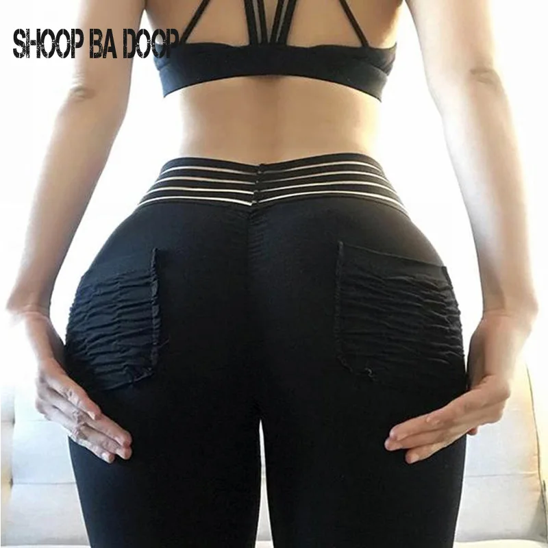 

SHOOPBADOOP Running Sportswear Yoga Pants Fitness Clothing Slim High Waist Push Up Pleated Pocket Elastic Sweat Yoga Leggings