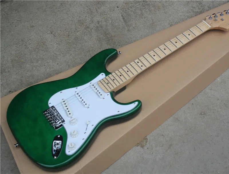 

Green Electric Guitar with White Pickguard,3S Pickups,Maple Fretboard,Scalloped Neck,Gold Hardwares,offering customized services