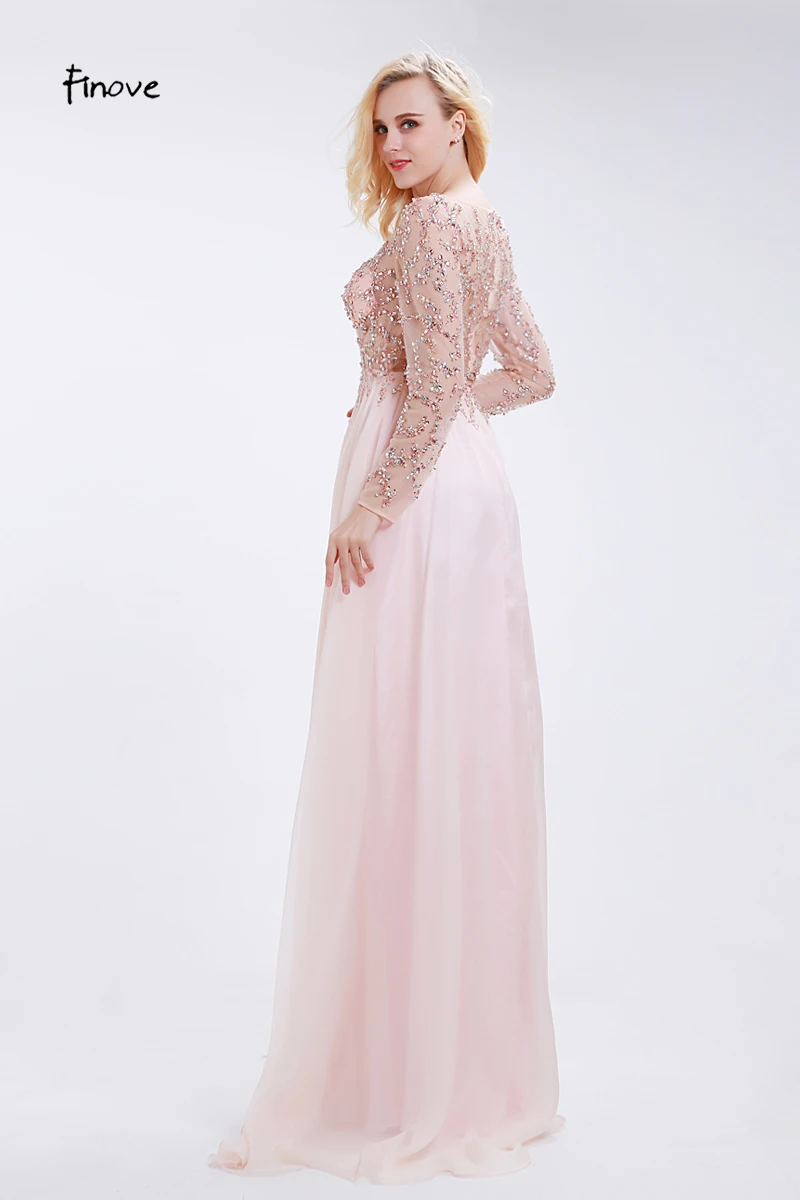 Finove Prom Dresses Long 2020 Long Sleeve Crystals Beading By Hand Sexy See-through A-Line Bridesmaid Dresses Robe de Soiree