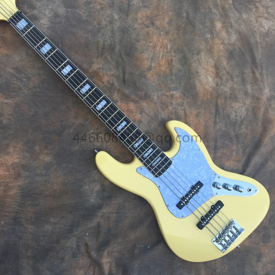 

Free shipping Factory custom good Sound effect new bass guitar fingering custom made 5 strings musical NO.1 custard Color gift