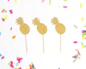 

Pineapple Glitter Cupcake Toppers Picks - Luau Tiki Party Decor & Supplies wedding birthday food picks