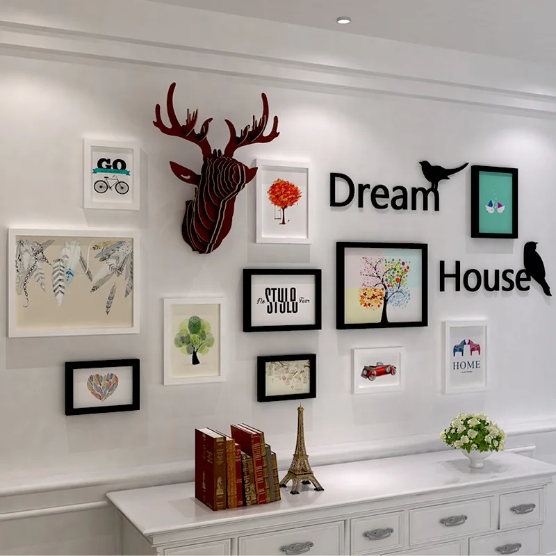 

11pcs Picture Frames Set Wooden Multi Picture Frames+Acrylic Letters+Bird+Reindeer Head Wall Decorations Collage Photo Frame Set