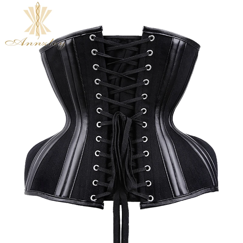 Annzley Black Leather Underbust Corset Body Shaper For Waist Training 24cm  Front Length Tight Lacing Korset For Men