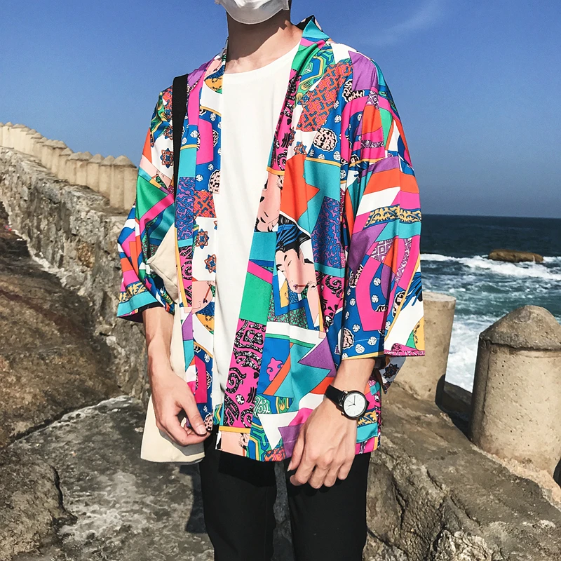 Лето Harajuku японский Ukiyo E Аниме Полный печатных мужские куртки типа кимоно солнце пляж гавайская рубашка
