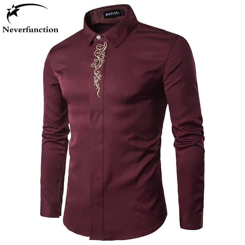 

High Quality Men's Shirts 2017 Fashion Turn Down Collar Long Sleeve Embroidery Dress Shirts Men Business Work Tops Shirt S-2XL