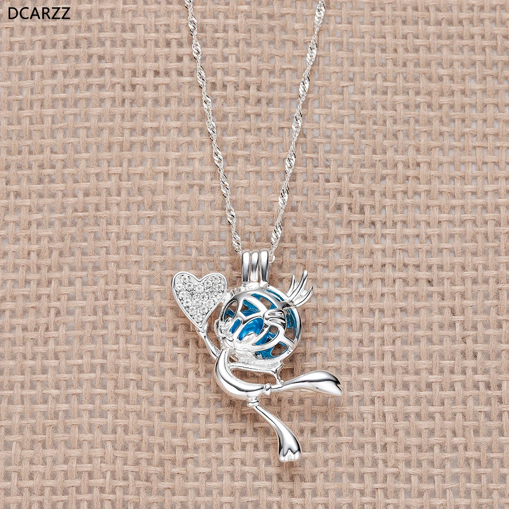 Ожерелье с подвеской в виде птичьей клетки с кристаллами в форме сердца, серебряное ожерелье с милым мультяшным персонажем, детский подарок, жемчужное ювелирное изделие