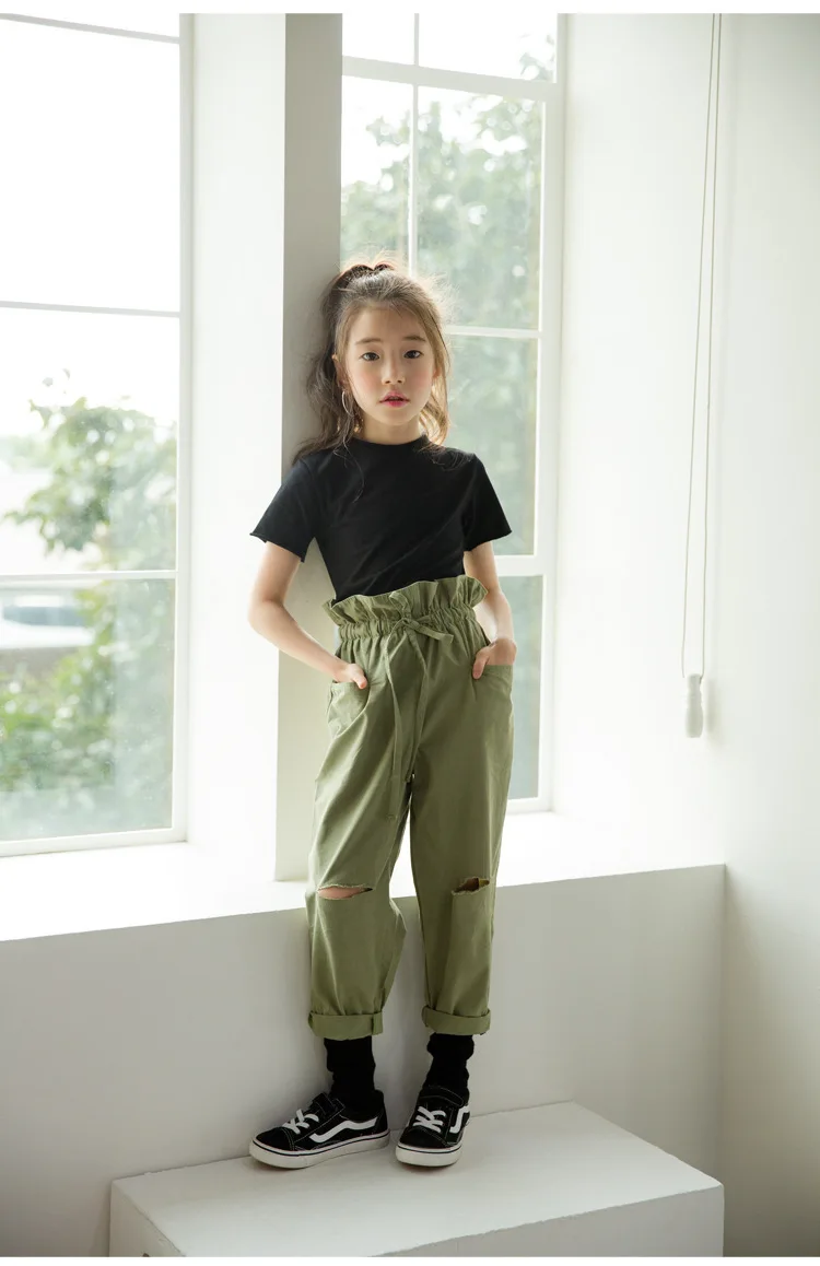 Army Green Broken Hole Pants For Teenage Girls Ruffles Waist Trousers Kids Bottoms Children Fashion 2019 Straight Pant Clothes (5).jpg
