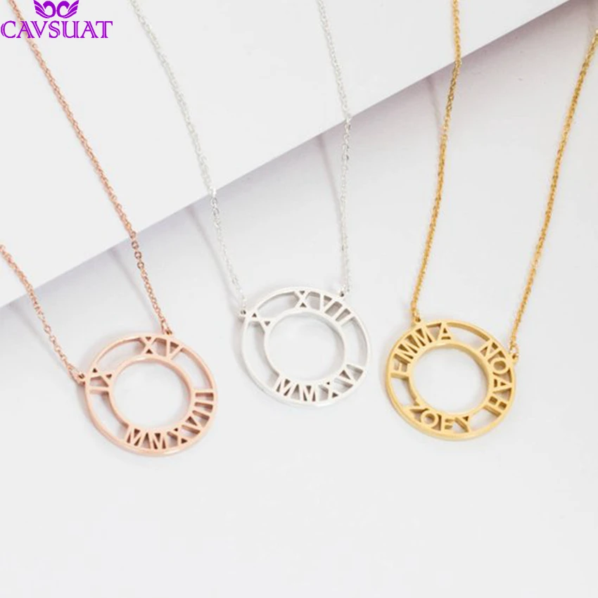 

Personalized Roman Numerals Necklace Round Circle Charm Customized Initial Monogram Wedding Date Name Jewelry Anniversary Gifts