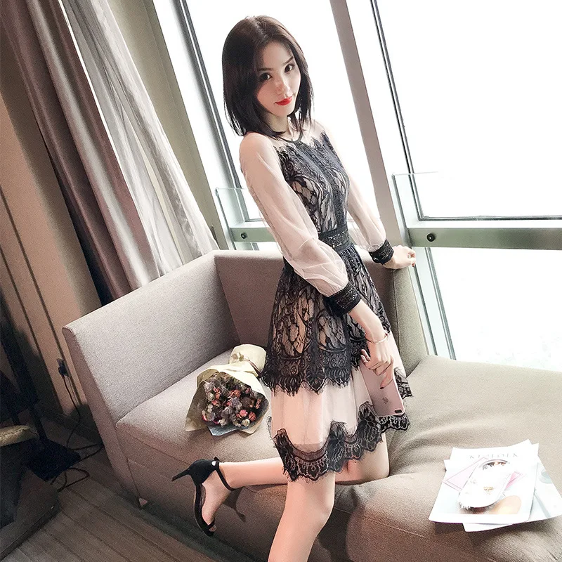 

2019 spring new female gentle dress temperament chic lace dress was thin first love dress female autumn 6675