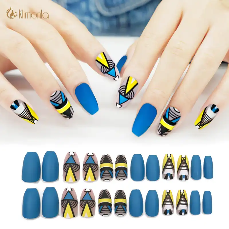 24Pcs Matte Fake Nails Art Decoration Blue and Yellow Ballerina Geometric design Full Cover False Nails Tips with Glue Sticker