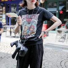 Модная летняя футболка для девочек, повседневные футболки с короткими рукавами и круглым вырезом, женские футболки высокого качества, студенческие футболки черного цвета