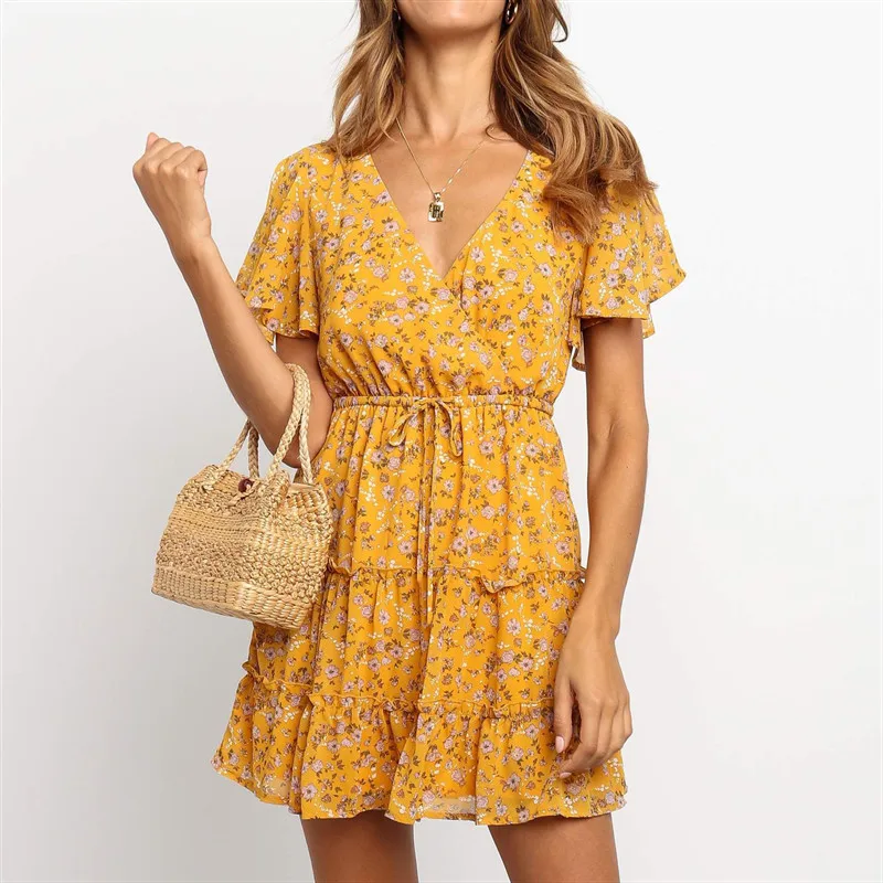 

2019 Mini Beach Dress Women Casual Ladies Floral Print Chiffon Dress Summer Sexy Boho Party Dresses Vestido Robe Femme