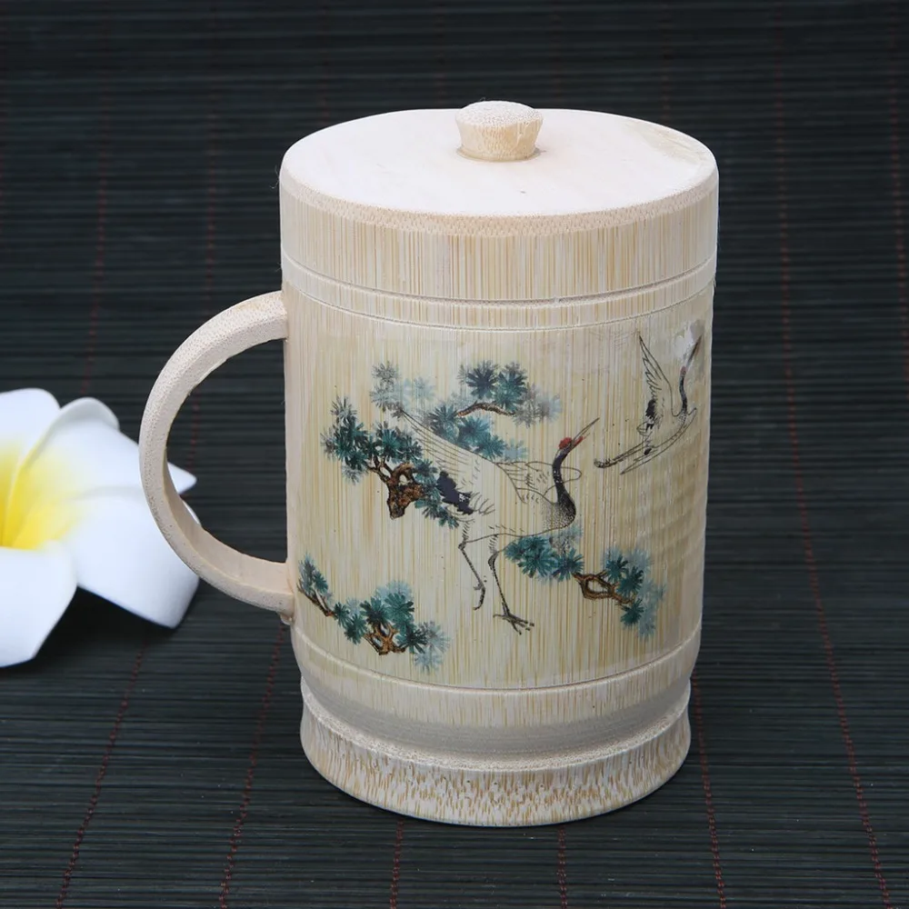 OOTDTY традиционная китайская живопись ручной работы Природный бамбук, чашка с крышкой 7,7x12,5 см для чайной воды