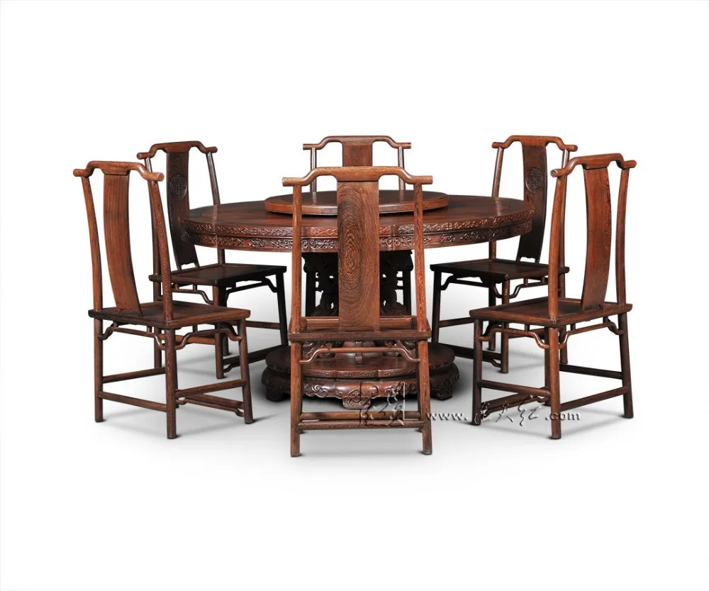 Single-leg Round Tables Furniture sets with Turntable Rosewood 8 chairs Diving Room 1.5M Coffee Desk Antique Solid Wood Armchair