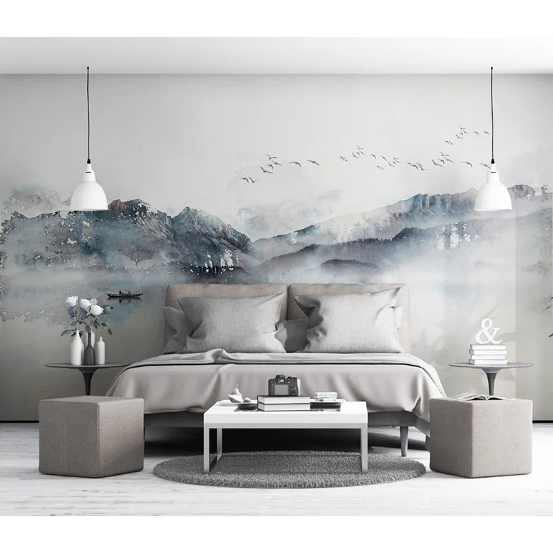 

Home Decor Wall Papers Chinese Ink Landscape Painting Murals Living Room Papel De Parede 3D Self Adhesive Vinyl / Silk Wallpaper