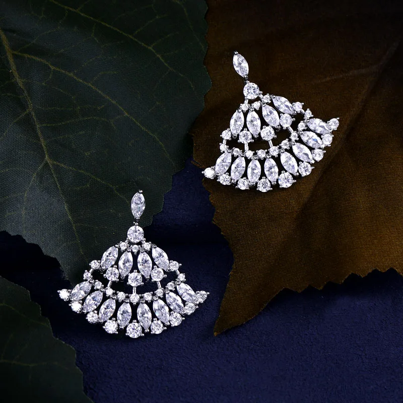 

JANEKELLY fan Dress Shaped Elegant AAA Cubic Zirconia Stone Drop Earrings For Women Ear Accessories Wedding Party Jewelry