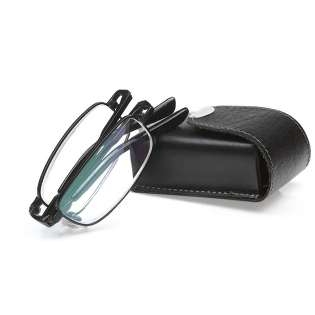 New Black Men Folding Reading Glasses With Leather Case Alloy Frame