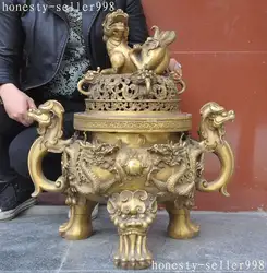 Ремесла статуя Китай Латунь Злой Дракон Foo Dog Лев Зверь повезло статуя Курильница Курильница
