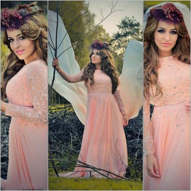 Elegant Rose Dentelle Cristal Turc Islamique Robes De Soiree Avec Hijab Manches Longues Musulman Mousseline De Soie Formelle Robe Kaftan Party Robe Aliexpress