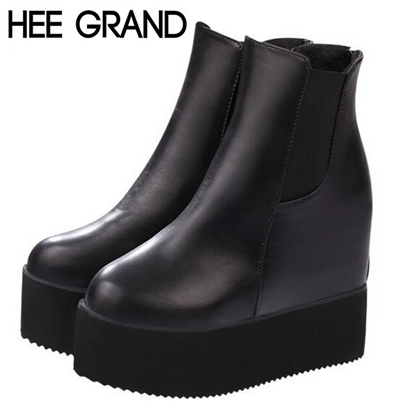 

Hot Sale Fashion Women Boots 2015 Thick Platform Shoes Short Zip Patchwork 6cm Increase Heel Black Ankle Boots XWX1710