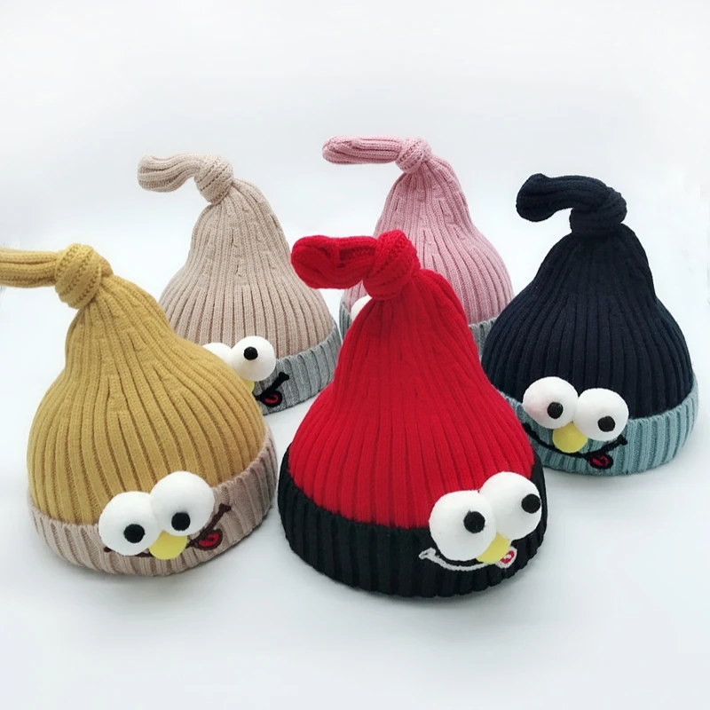 

Cute Eye Cartoon kid babies Beanies Caps Crochet Winter Warm Knit Hats Cap Baby Boy Girls beading Hair Cotton Korean Version