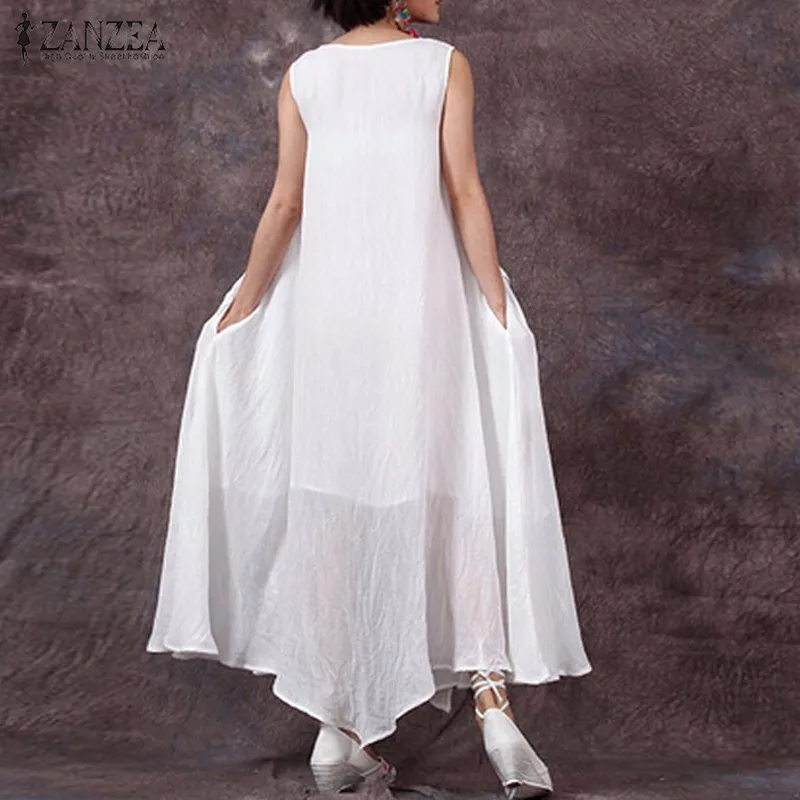 Размера плюс, ZANZEA, Летнее Длинное Платье Макси без рукавов, женское повседневное свободное платье с круглым вырезом, модное однотонное платье с разрезом, сарафан