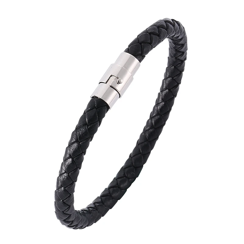 Панк мужской черный плетеный кожаный браслет из нержавеющей стали с магнитной пряжкой простой стиль модный браслет мужские ювелирные изделия подарки PD0038 - Окраска металла: 0029H