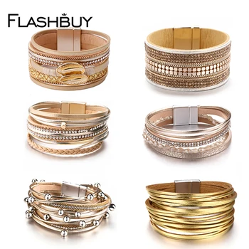

Flashbuy Gold Style Leather Bangle Multiple Fashion Bracelets for Women Alloy Rhinestone Unisex Jewelry wholesale Hot Sale