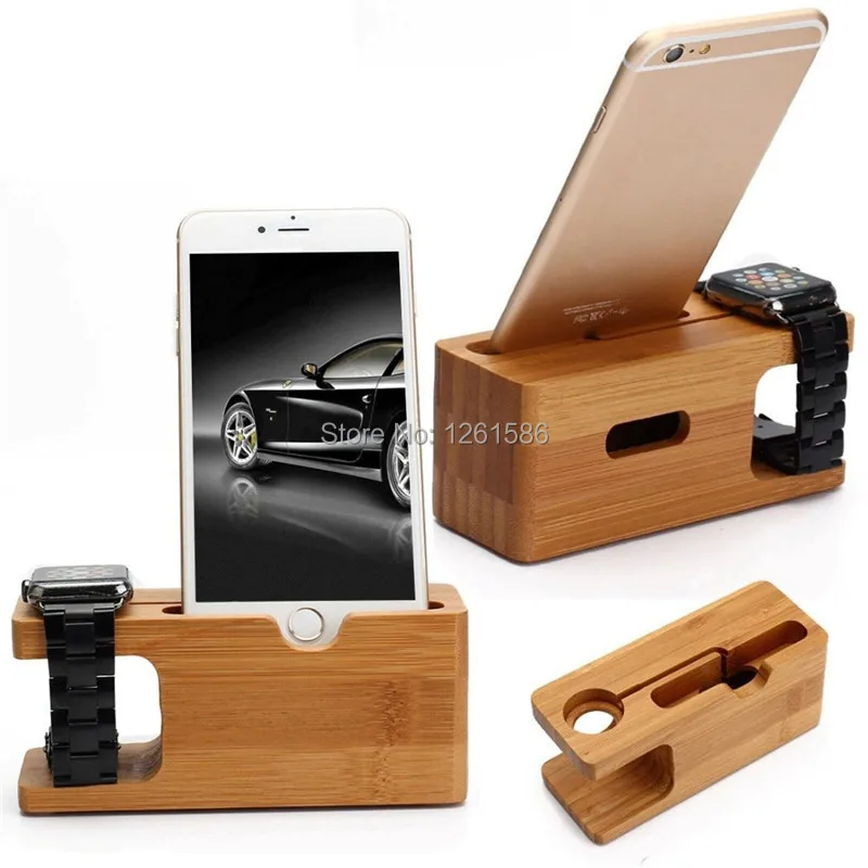[Charging Dock] Dual Natural Bamboo Wood Charge Holder Station Cradle For Apple Watch iWatch 42mm38mm Samsung Galaxy and iPhone