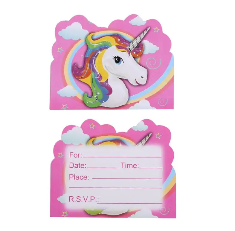  10PCS Cartoon Unicorn Theme Party Supplies Happy Birthday Party Decoration Invitation Card For Kids - 32859619629
